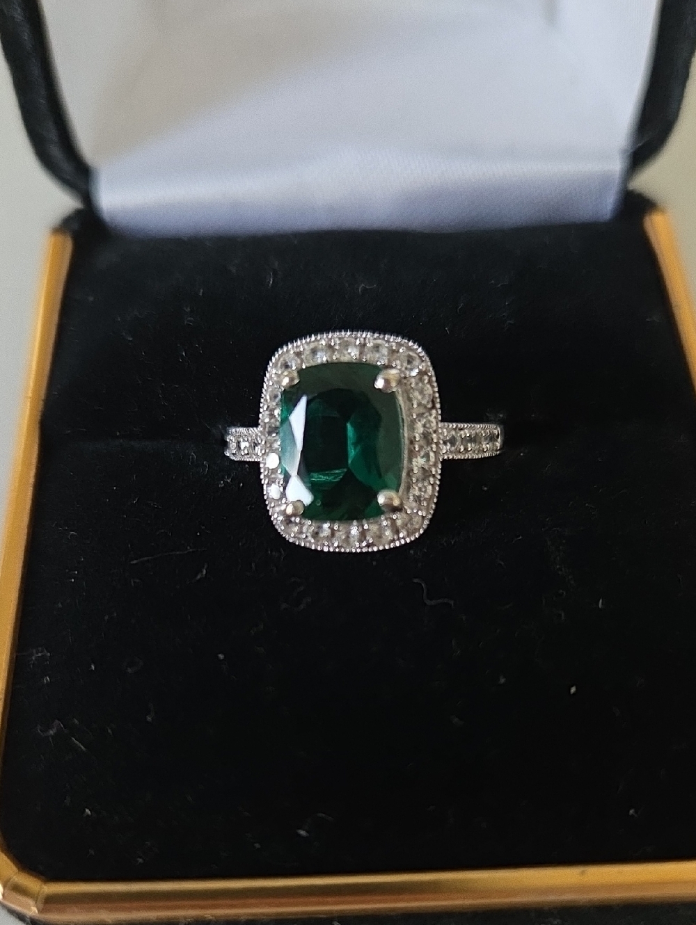 Zales Emerald Green Cushion Halo Ring in Silver Tone